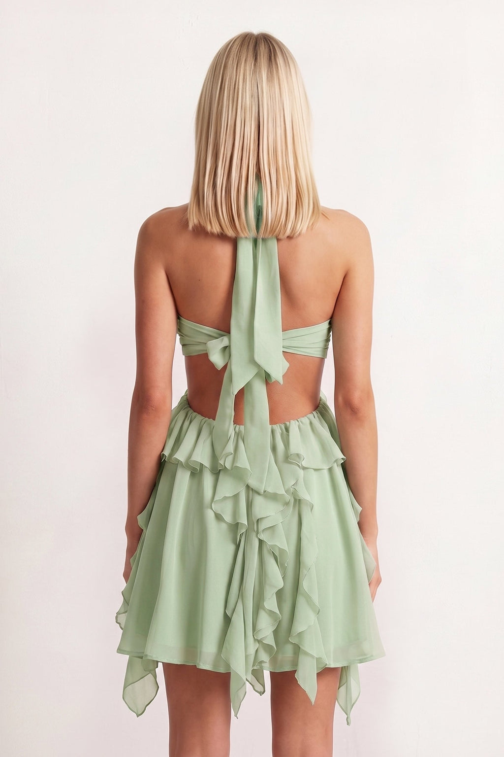 Pink Halter Ruffled A-Line Cut-Out Chiffon Homecoming Dress with 3D Flower