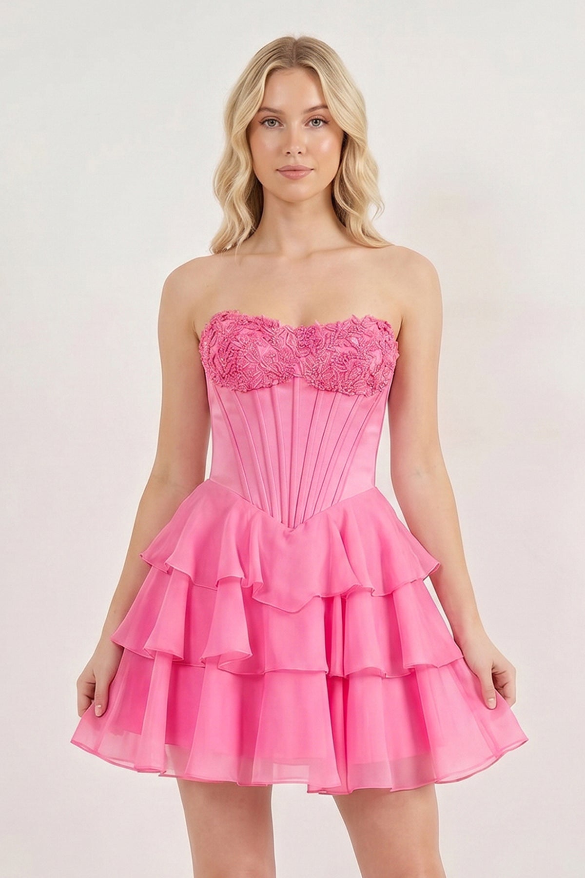Pink Strapless Tiered A-Line Ruffled Chiffon Appliqued Homecoming Dress